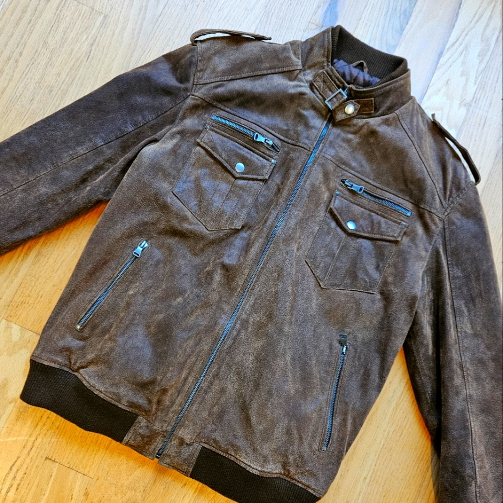 Suede Brown Leather Aviator Bomber Style Jacket
